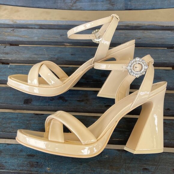 New Sam Edelman Haidyn  Platform Sandal Women 9.5 Cream Rhinestone Buckle Strap - Picture 3 of 9